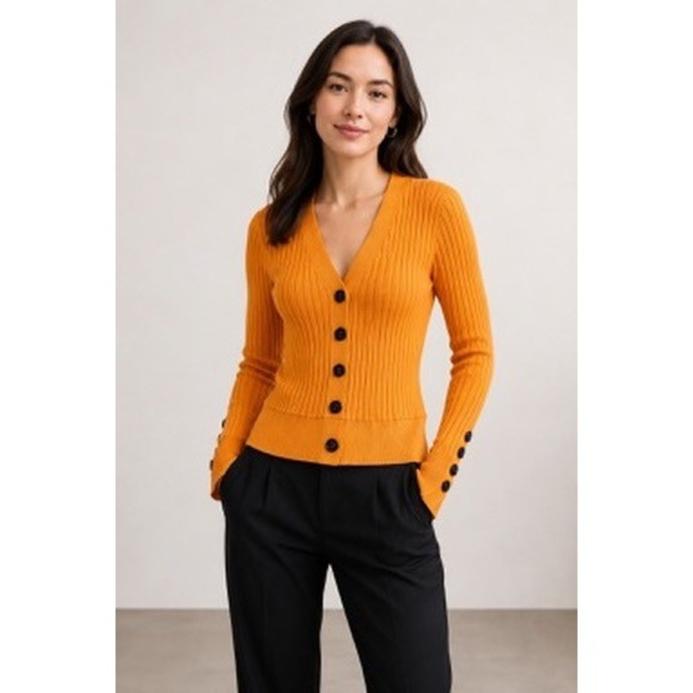 JOA Just One Answer Orange Ribbed Knit V-Neck Button Front Cardigan Sweater XS